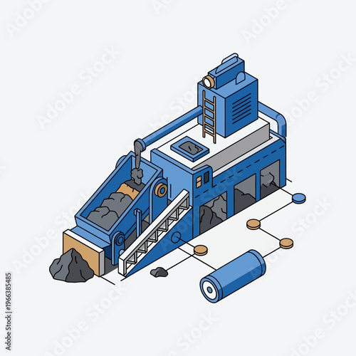 Industrial machinery processing raw materials into a battery, symbolizing resource extraction and energy production.