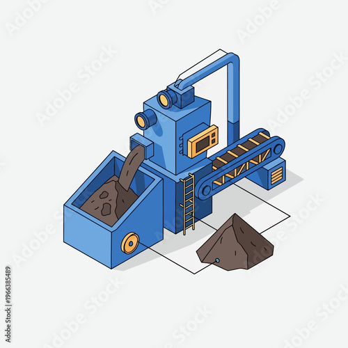 Isometric illustration of an industrial processing plant with a conveyor belt and raw materials being fed into a machine.