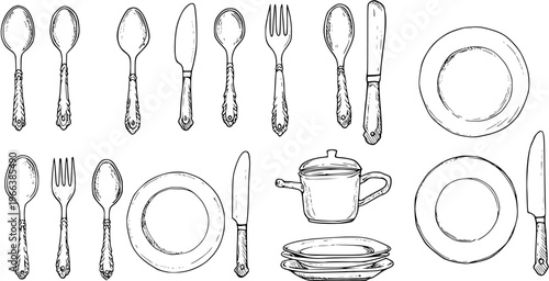 Hand-Drawn Tableware Collection: Elegant Cutlery, Plates  Cooking Pot Illustrations