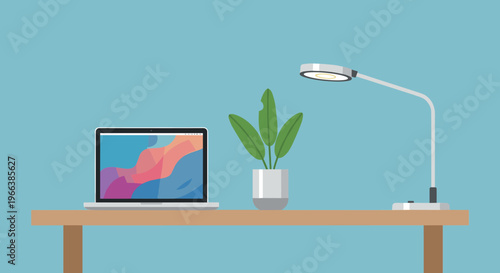 Minimal workspace with laptop desk lamp and plant in clean flat vector illustration