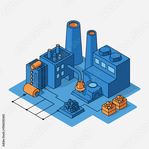 Isometric illustration of a modern industrial factory complex with chimneys, machinery, and raw materials.