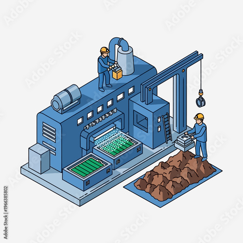 Isometric illustration of an industrial manufacturing plant with workers operating machinery and processing raw materials into finished products.