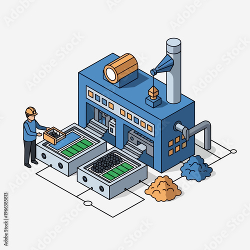 Isometric illustration of a modern factory production line with a worker overseeing the process and raw materials being fed into machinery.