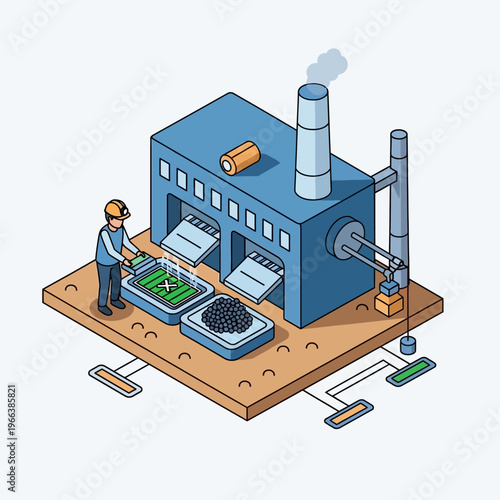 Isometric illustration of a modern factory production line with a worker overseeing the process and automated machinery.