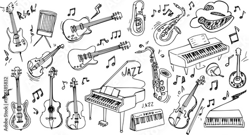 Hand-drawn musical instruments doodle set: guitars, pianos, saxophones, violins, drums, and notes in a sketch art style, celebrating music and sound.
