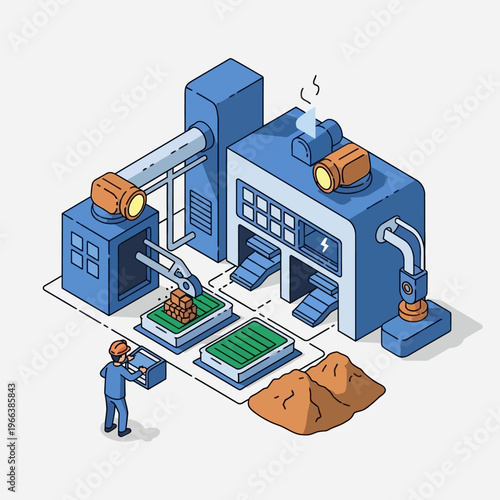 Isometric illustration of an automated factory production line with robotic arms, conveyor belts, and a worker overseeing the process, symbolizing industrial manufacturing and efficiency.