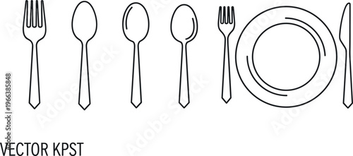 Cutlery and plate outline illustration with forks spoons and knife in minimalist line vector style