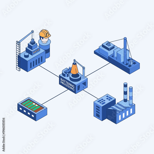 Isometric illustration of a smart factory industrial process with interconnected manufacturing units and a worker overseeing operations.
