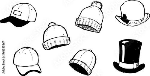 Hand-drawn vector sketch collection of various hats: baseball caps, cozy beanies, classic bowler, and elegant top hat on white background.