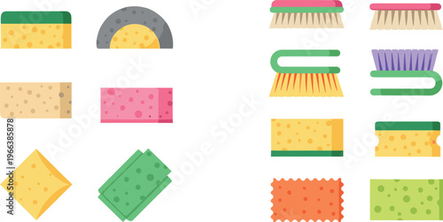 Cartoon cleaning sponges and brushes in colorful vector illustration showing textures, shapes, and household hygiene tools