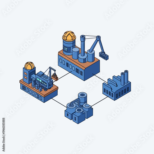 Isometric illustration depicting a connected industrial supply chain with factories, machinery, and raw materials.