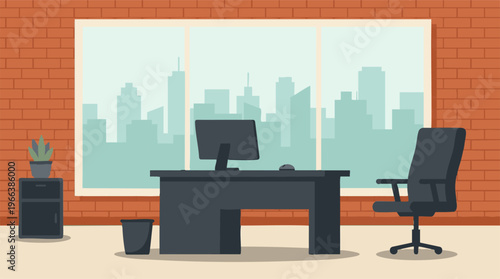 Modern office interior with computer, chair, and city skyline view from window