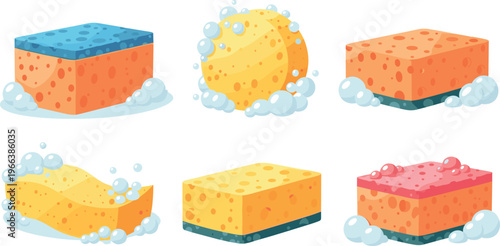 Cartoon cleaning sponges with bubbles in colorful vector illustration showing different shapes, textures, and styles