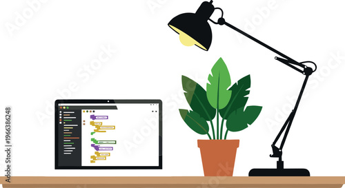 Minimal workspace vector illustration with laptop coding screen desk lamp and plant, modern home office setup design for programming and productivity use