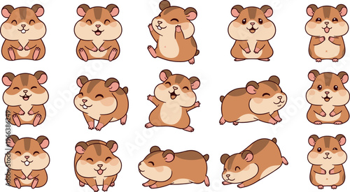 Cartoon hamsters in diverse playful poses and expressions, sitting, waving, lying down, cheerful, relaxed, perfect for stickers