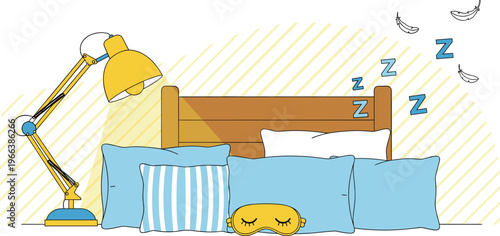Cartoon Illustration of a Cozy Bed with Pillows, Lamp, and Sleep Mask for Bedroom and Sleep Designs
