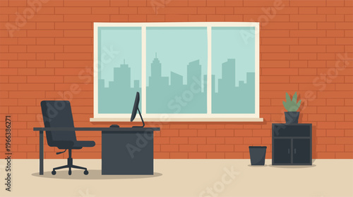 Modern minimalist office interior with city skyline view through large window