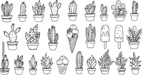 Hand-Drawn Cactus and Succulent Collection: Unique Ice Cream Element Included