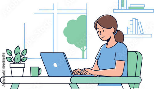 Woman working on laptop at home vector illustration, remote work and freelance workspace concept for productivity, technology and modern lifestyle design
