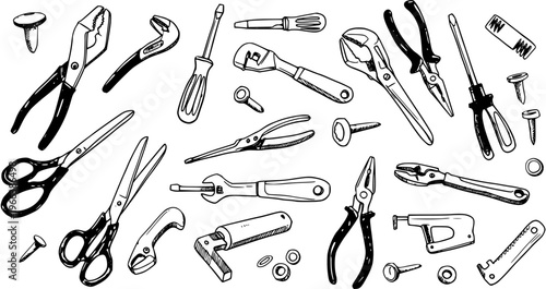 Hand-Drawn Tools Illustration: Pliers, Wrenches, Screwdrivers, Scissors, Nails, and Hardware