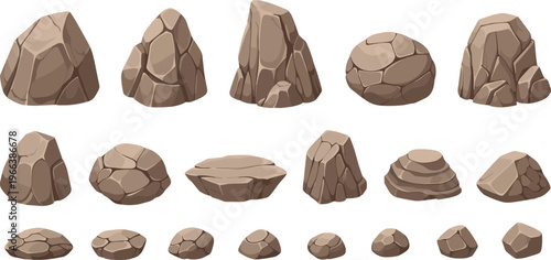 Cartoon style rocks in varied shapes and sizes with smooth shading, angular and rounded forms for digital assets