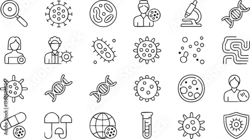 Biology and Microbiology Icon Set Featuring Virus DNA and Laboratory Research