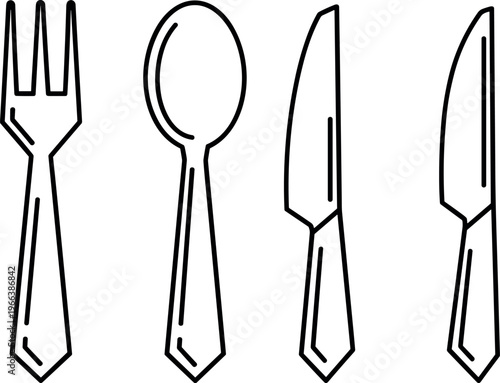 Cutlery outline vector illustration with fork spoon and knives, minimal kitchen utensil line icons design for restaurant, dining and menu use