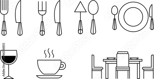 Dining and restaurant outline icon set with cutlery coffee wine and table in minimalist line vector style