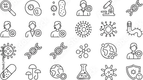 Microbiology Line Icons Featuring Cells Molecules and Pathogen Concepts