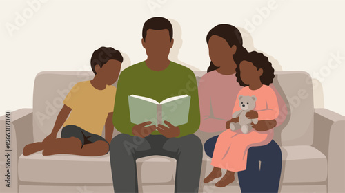 African American family reading a book together on a living room couch