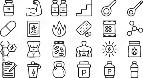 Fitness Supplements Icon Set Featuring Protein Energy and Workout Nutrition
