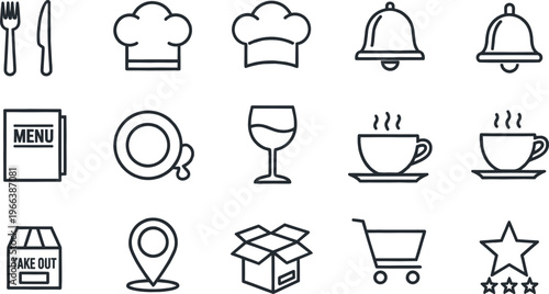 Restaurant and food service outline icon set with menu coffee delivery and dining symbols in minimalist line vector style