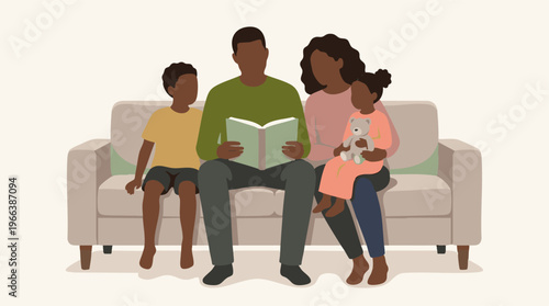 African American Family Reading Together on Sofa at Home