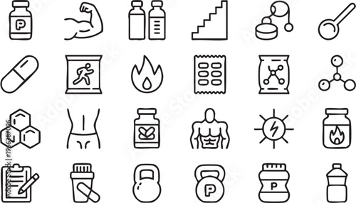 Sports Nutrition Line Icons for Gym Supplements and Performance Products