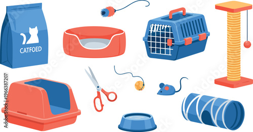 Cat supplies including food, bed, carrier, scratching post, litter box, toys, and accessories in colorful vector illustration