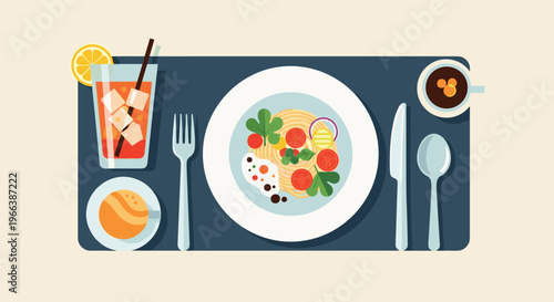 Restaurant table setting with healthy meal drink and coffee in modern flat vector illustration