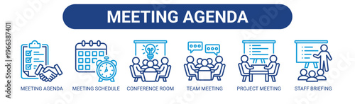 Meeting Agenda web banner icon vector illustration concept with icons of meeting agenda, meeting schedule, conference room, team meeting, project meeting, and staff briefing.