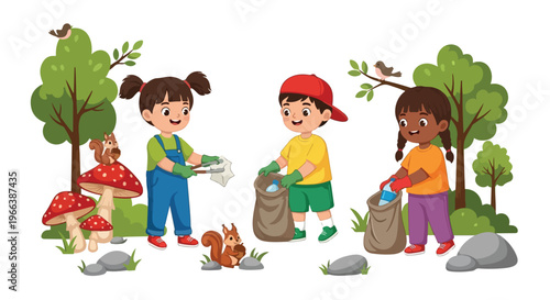 A group of children are picking up trash in a forest to protect nature and animals, demonstrating environmental responsibility and teamwork.