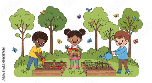 The vector depicts three children happily gardening in a lush outdoor setting with trees, birds, butterflies, and raised garden beds.