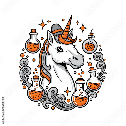 Unicorn surrounded by magical potions and sparkling stars.