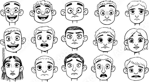 Cartoon Faces: Set of Fifteen Hand-Drawn Character Expressions - Happiness, Sadness, Anger, Surprise and Neutral Emotions