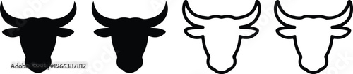 Hand-drawn inspired line art of four bulls featuring solid and outlined heads with sharp lines and robust facial structure flat vector