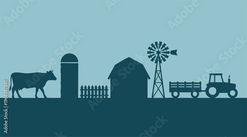 Rural farm landscape illustration with cow, barn, silo, windmill, and tractor