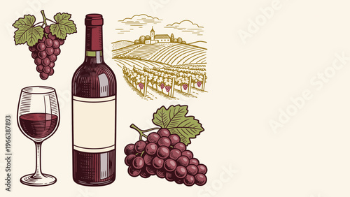 Wine Bottle with Glass and Grapes, Vintage Vineyard Illustration with Wine Label Design Elements
