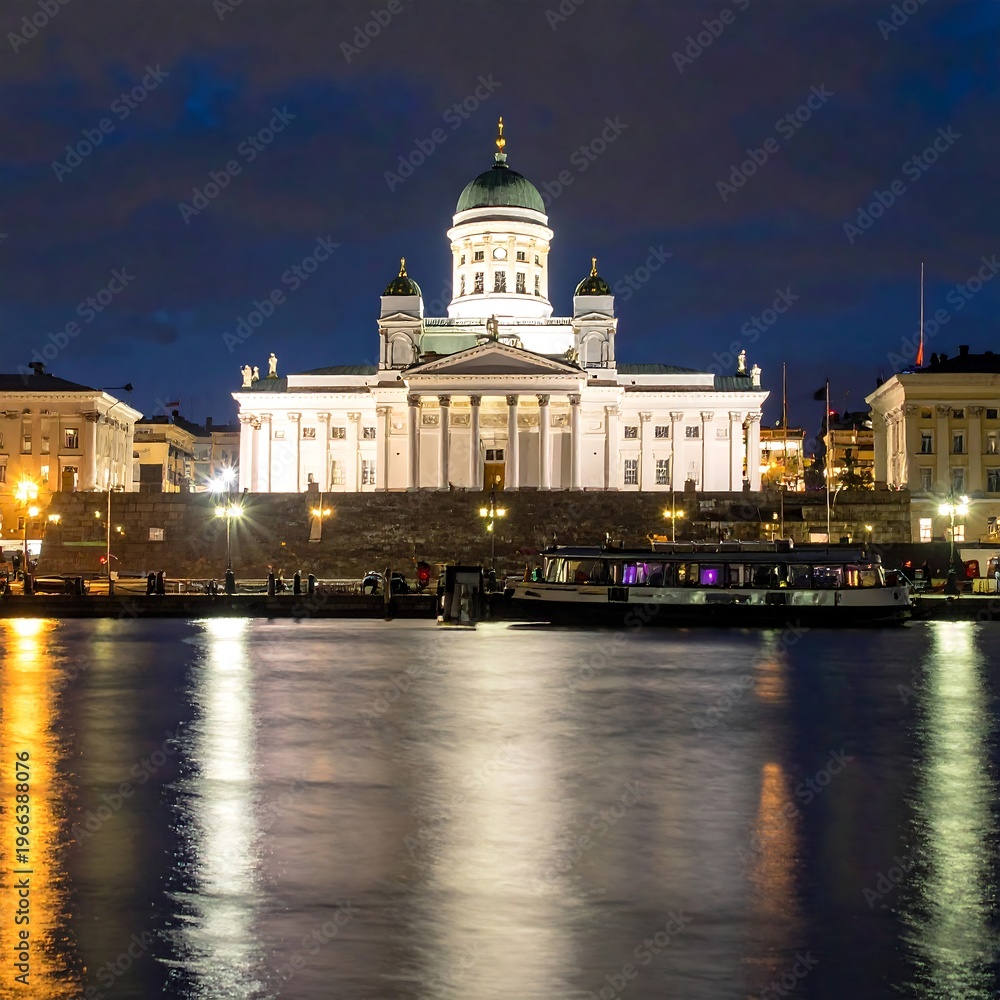 Fototapeta premium A serene nighttime scene of a large white building with a green dome by a body of water