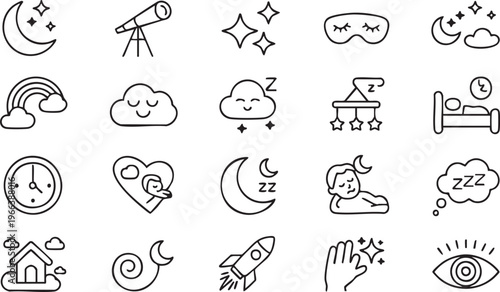 Dream and Bedtime Line Icons for Relaxation and Night Routine Concepts