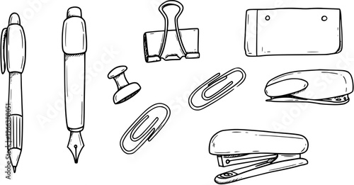 Hand Drawn Doodle Office  School Supplies Set: Pens, Stapler, Clips, Hole Punch, Staple Remover, Pushpin Outline