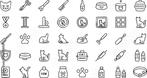 Pet Care and Veterinary Icon Set Featuring Cat Grooming and Health Tools