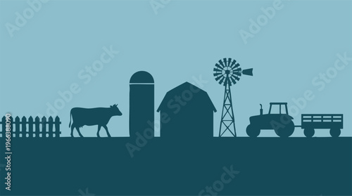 Rural Farm Landscape Silhouette with Barn, Silo, Windmill, Cow, and Tractor