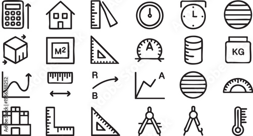 Measurement and Math Icon Set Featuring Rulers Scales and Calculator